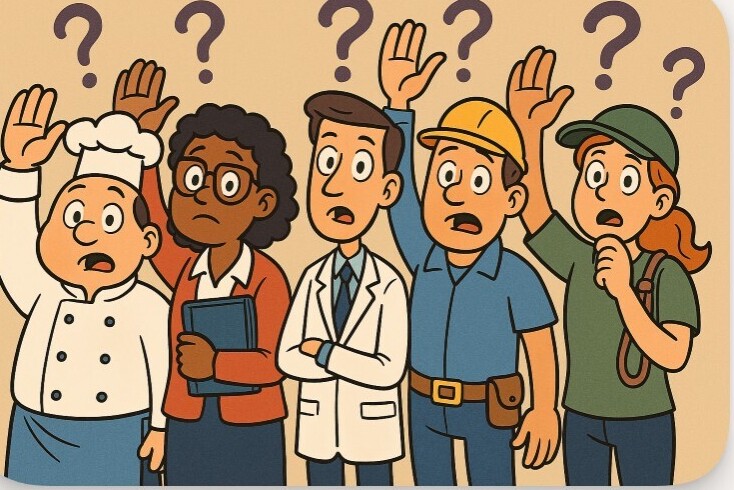 Hands up! - A cartoon image of various professional people all with their hands up and looking confused.