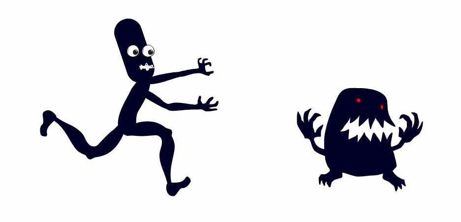 A cartoon man chasing a monster to represent people overcoming their fears