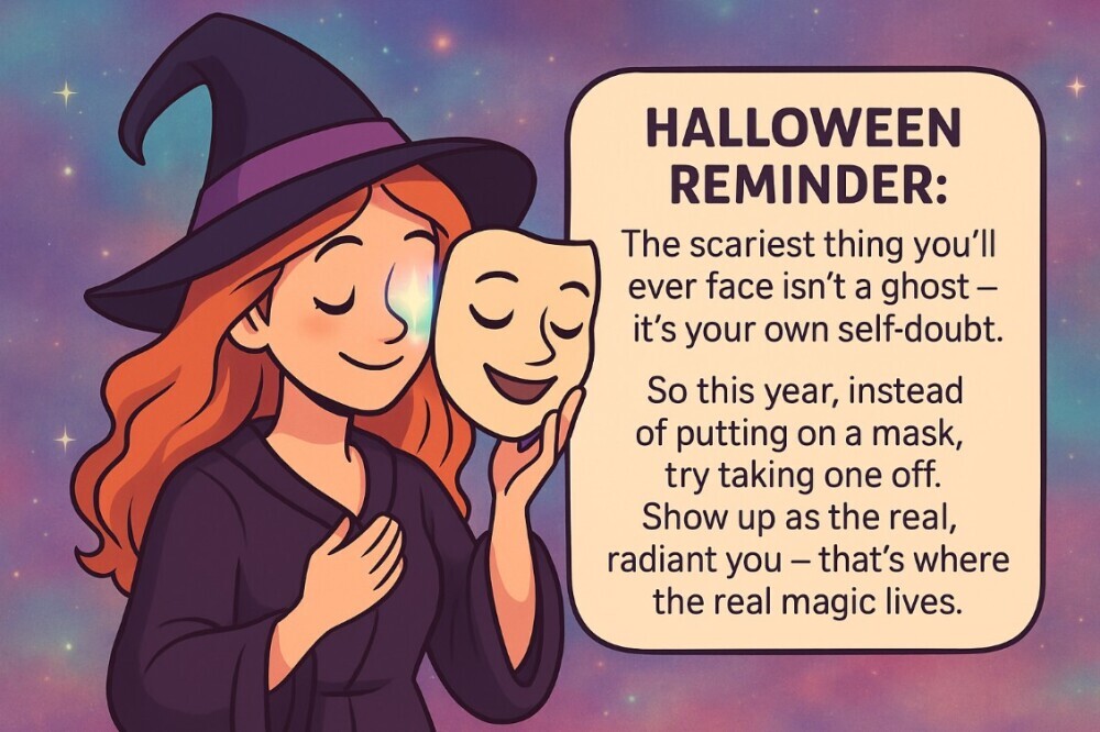 A cartoon witch taking of a mask with a text overlay about showing up as the real you rather than putting on a mask. 