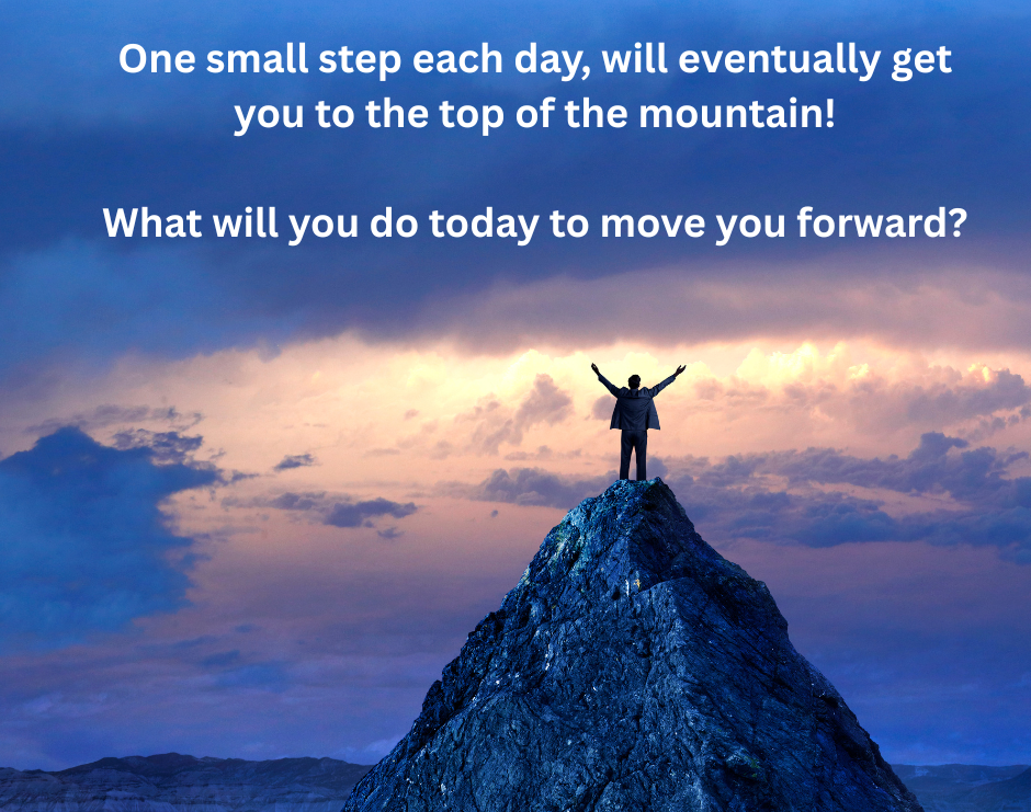 A man at the top oc a mountain with his arms raised in triumph with text overlay about taking one small step each day to get to the top