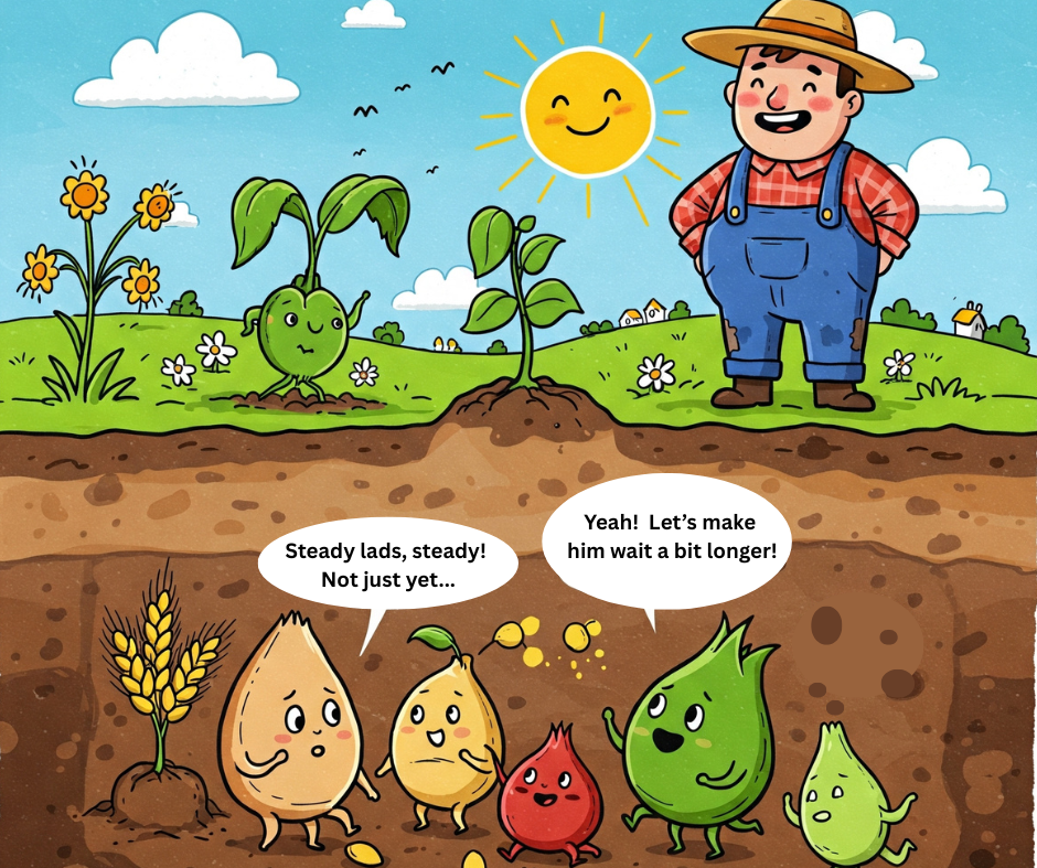 a comic image of a farmer waiting for his seeds to sprout