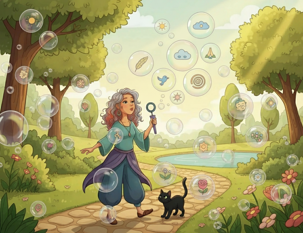 A cartoon woman blowing bubbles in a park to represent Pinterest pins, being followed by a black cat