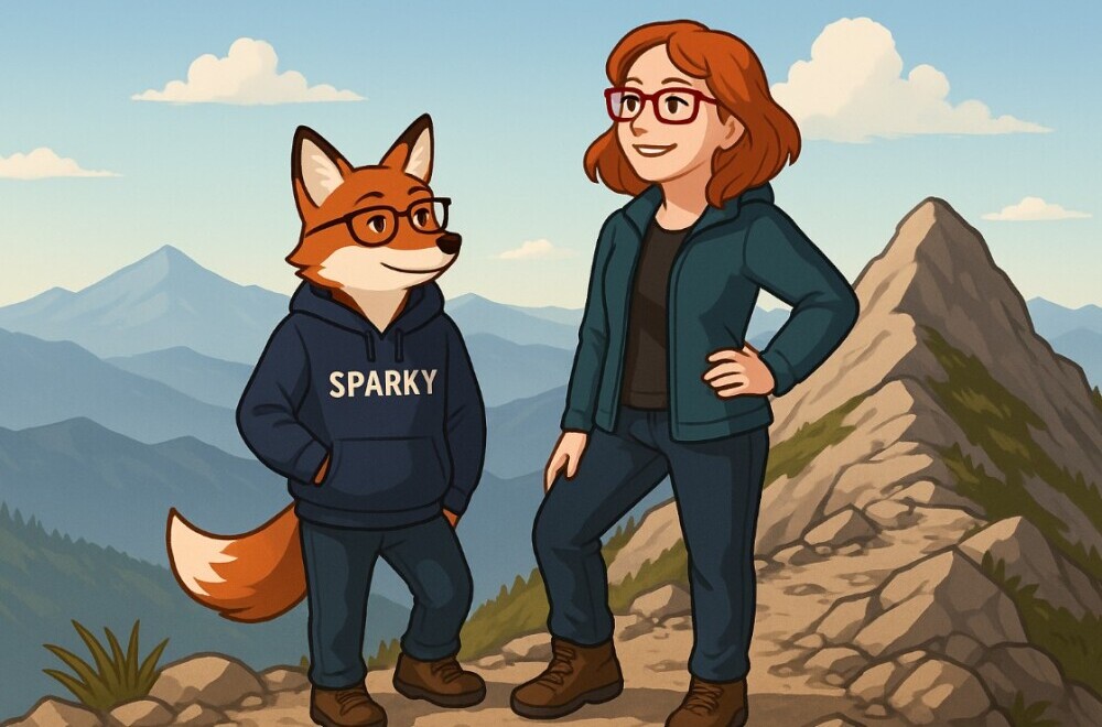 Cartoon of fox and woman hill walking