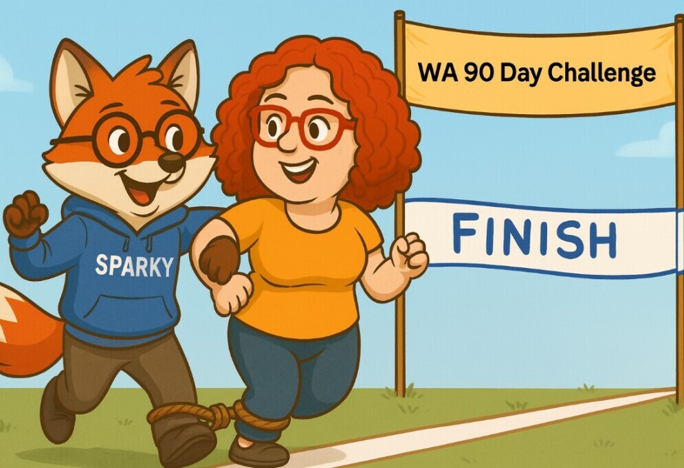 a cartoon fox and woman in a 3-legged race nearing the finish