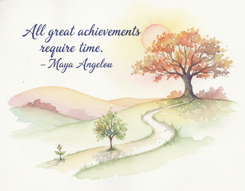 Water colour image of tree on a landscape with text saying “All great achievements require time.” – Maya Angelou