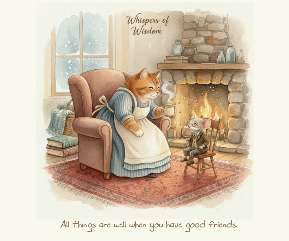 A cartoon watercolour painting of a cat and a mouse sat warming themselves by a warm fire with text overlay saying "All things are well whey you have good friends."