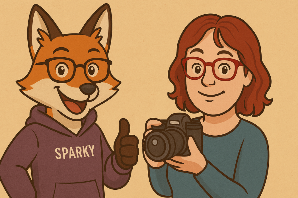 Caroon image of a woman filming a personified fox