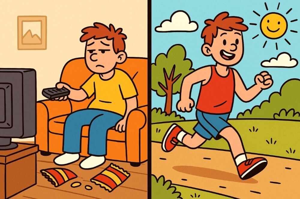 Split image of two people - one sitting on a sofa watching the TV and another out running in the sunshine