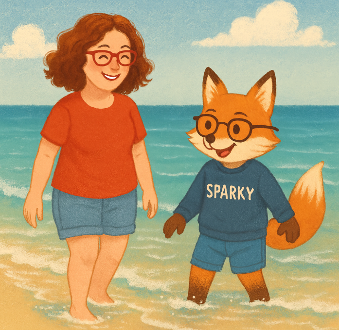 cartoon image of a woman and a fox paddling in the sea