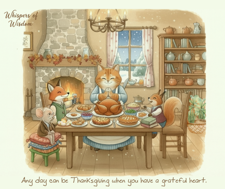 A watercolour drawing of a cat, mouse, fox and squirrel enjoying a thanksgiving dinner 