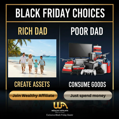 Split image showing a wealthy family on a beach under “Rich Dad” and piles of expensive gadgets under “Poor Dad”, with Wealthy Affiliate branded buttons.