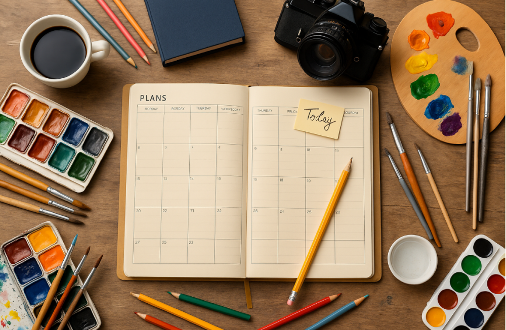 desktop full of art materials and a camera and planner