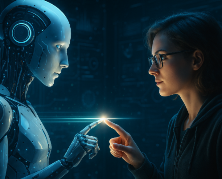 Robot and woman touching fingers together