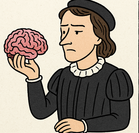 Cartoon showing a Shakespearean actor looking at a brain