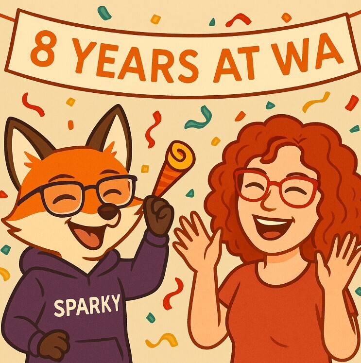 A cartoon fox and a cartoon woman at a party celebrating 8 years at WA