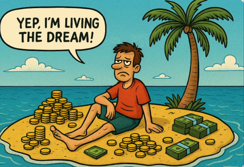 Man on a desert island surrounded by money but alone saying ironically, "Yep, I'm living the dream"