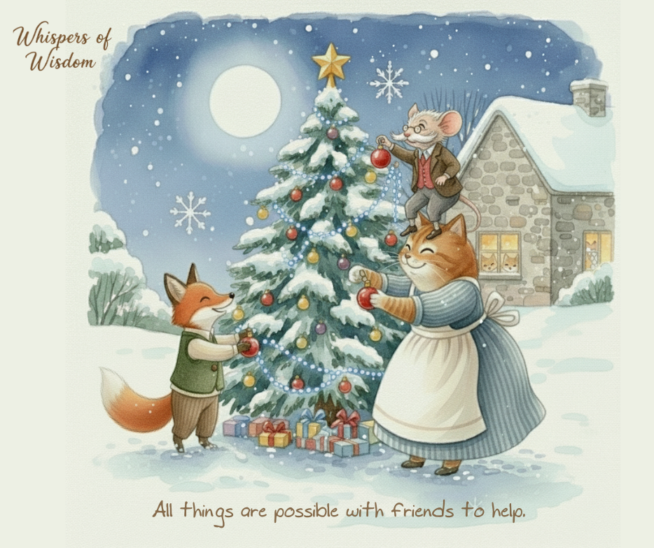 A fox , cat and mouse decorating a Christmas tree in watercolour painting with text saying "All things are possible with friends to help"