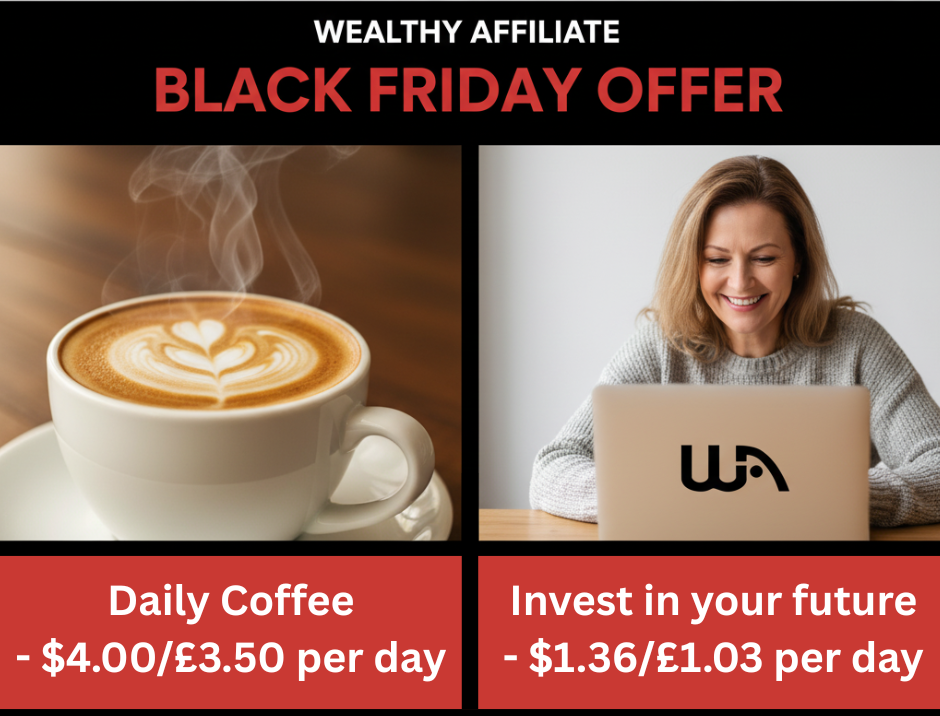 Split graphic showing a steaming cup of coffee on the left with the text “Daily Coffee – $4.00 per day,” and a smiling woman working on a laptop with the Wealthy Affiliate logo on the right, with the text “Invest in your future – $1.36 per day.” The top banner reads “Wealthy Affiliate Black Friday Offer,” highlighting the low daily cost of joining WA compared to buying coffee.