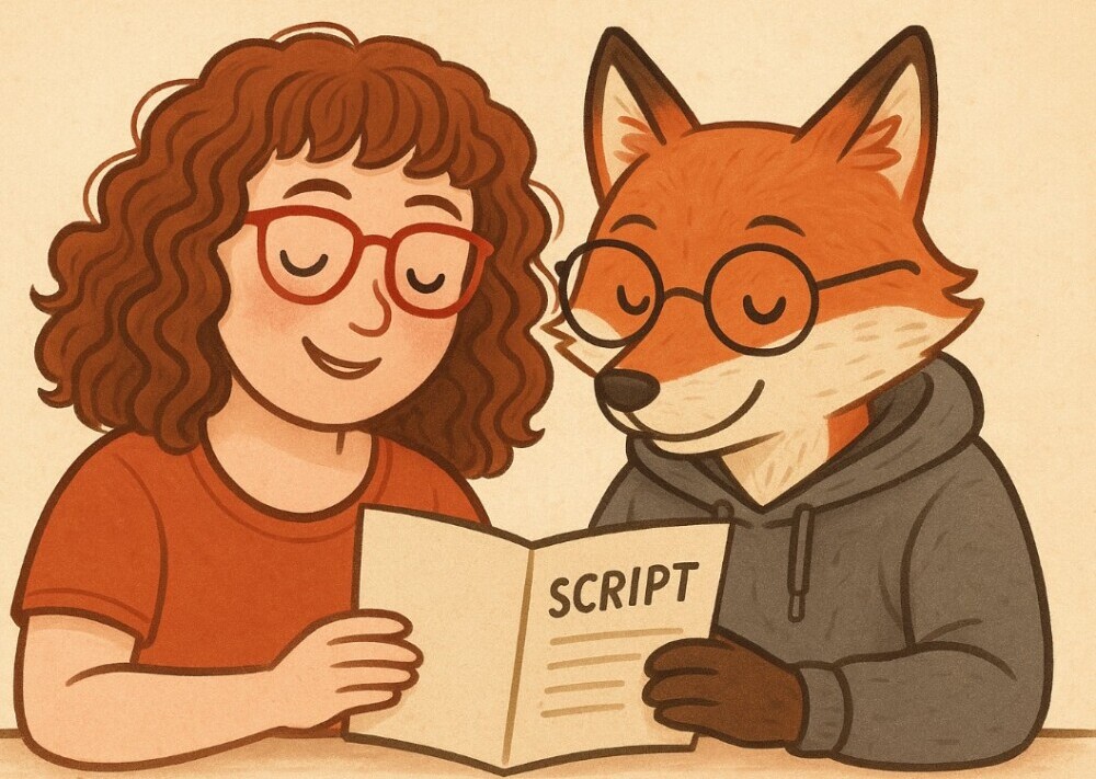 A cartoon of a girl and a fox reading a script