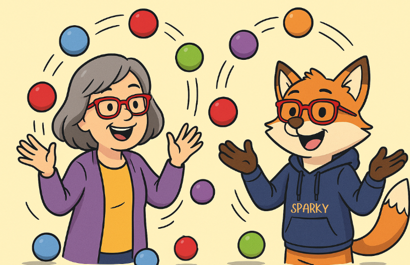 A cartoon woman and fox juggling