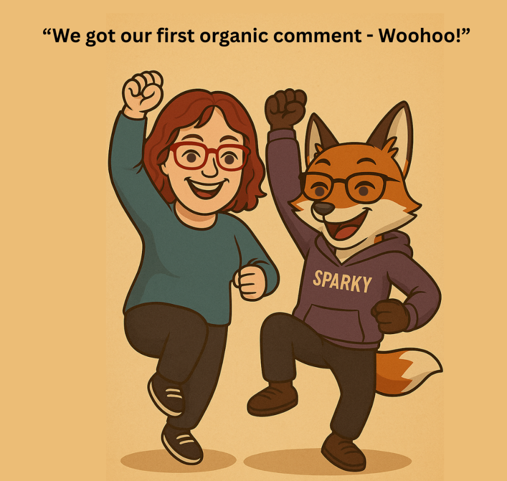 Cartoon image of Gail and Sparky celebrating