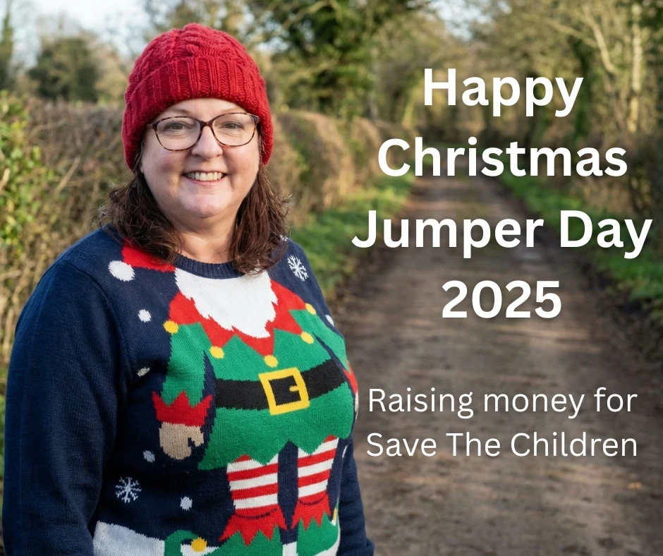 Gail in a Christmas Jumper with text overlay about Happy Christmas Jumper Day 2025
