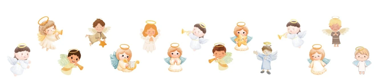 A row of cute, hand drawn angel characters