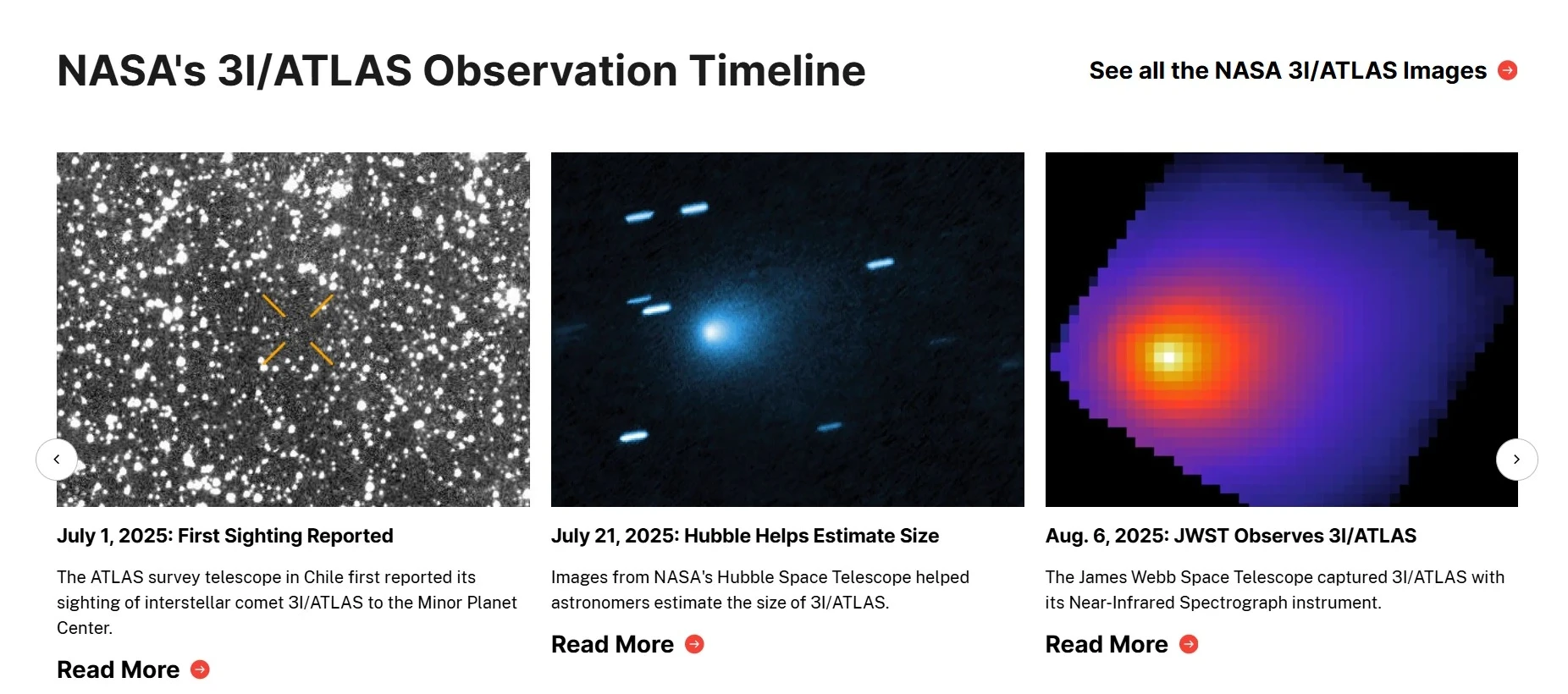 Screen shot from NASA website showing 3i/Atlas images