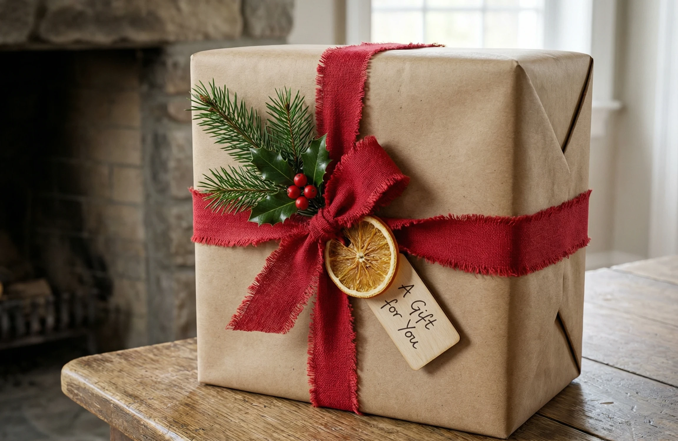 A traditionally wrapped Christmas present in brown paper and red ribbon