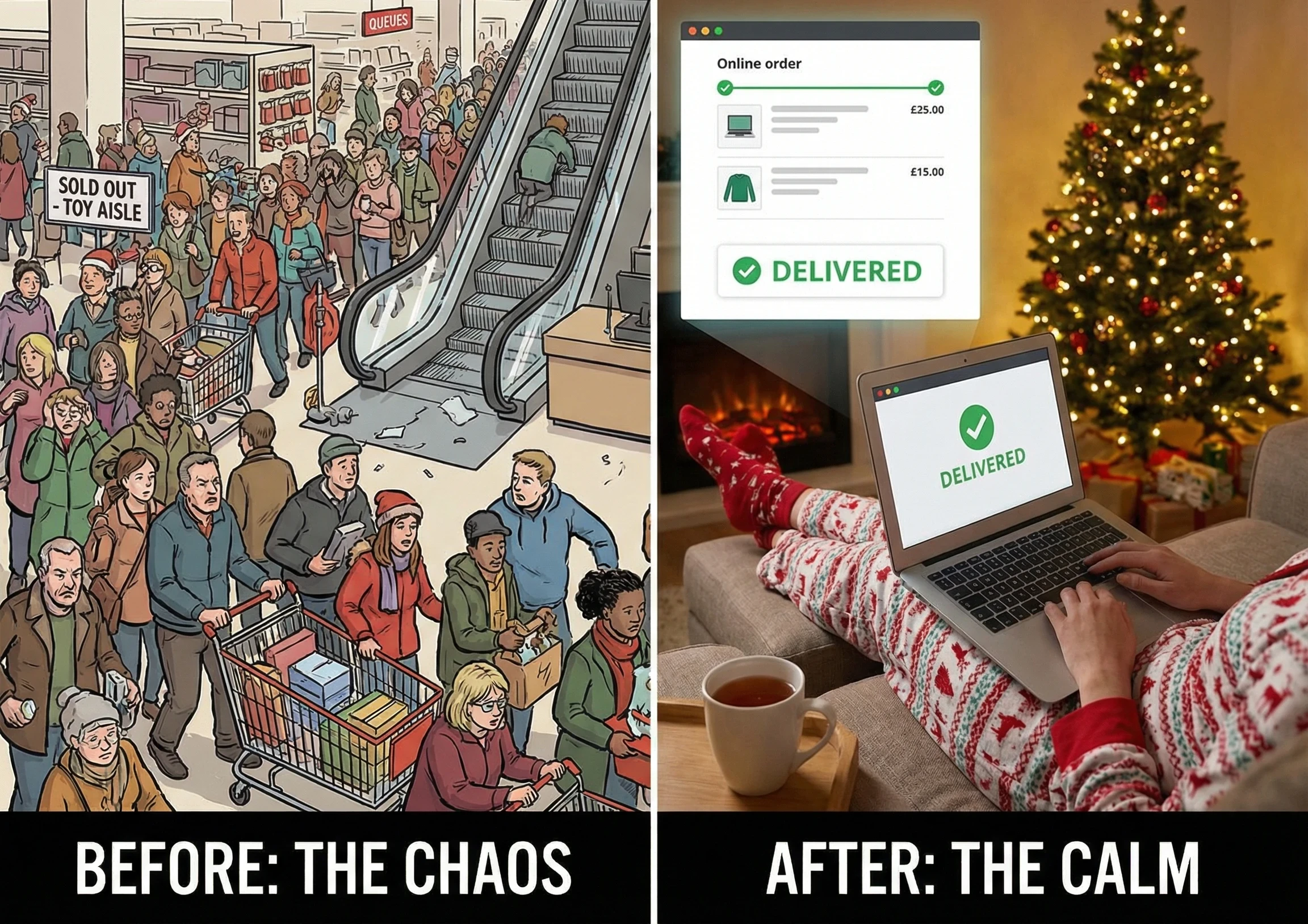 a before and after image of Christmas shopping - before, lots of queues and angry people; after - online shopping from the comfort of home.