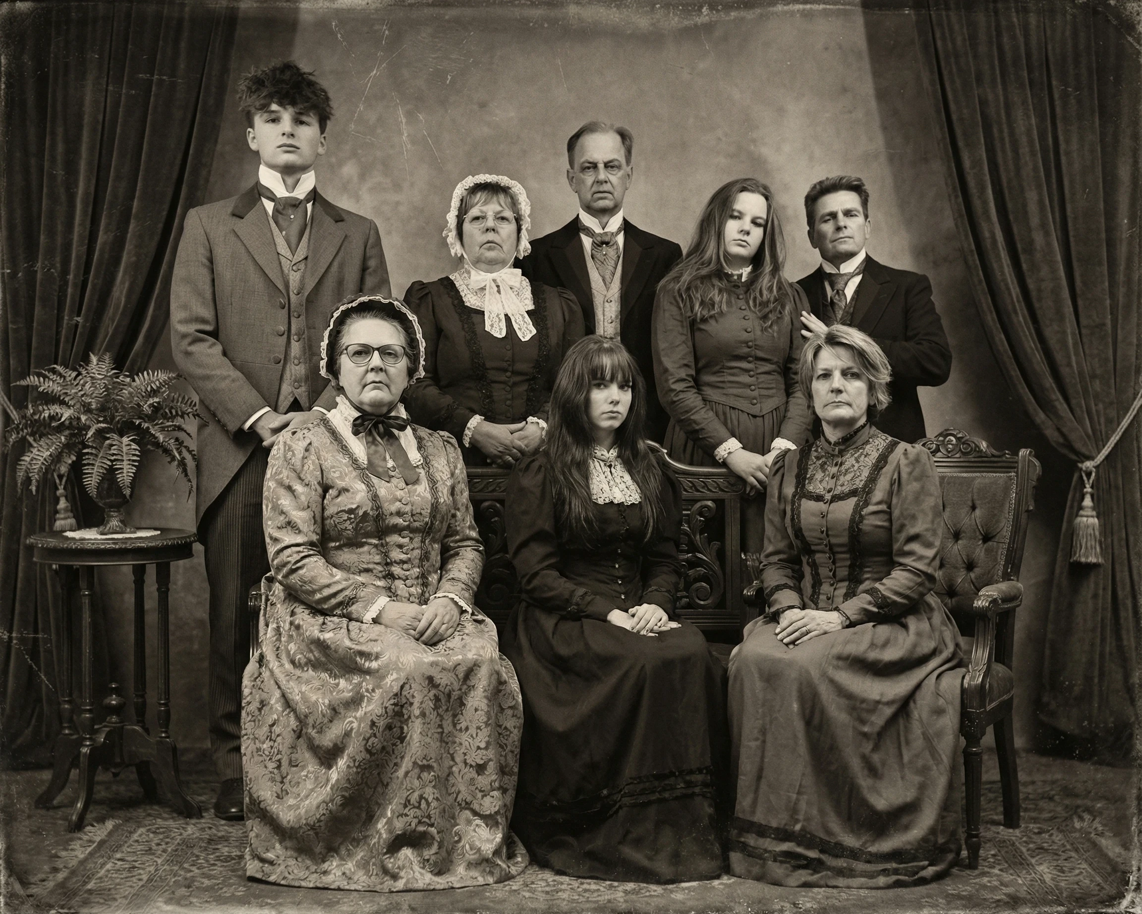 A family in Victorian costumes in a family photo