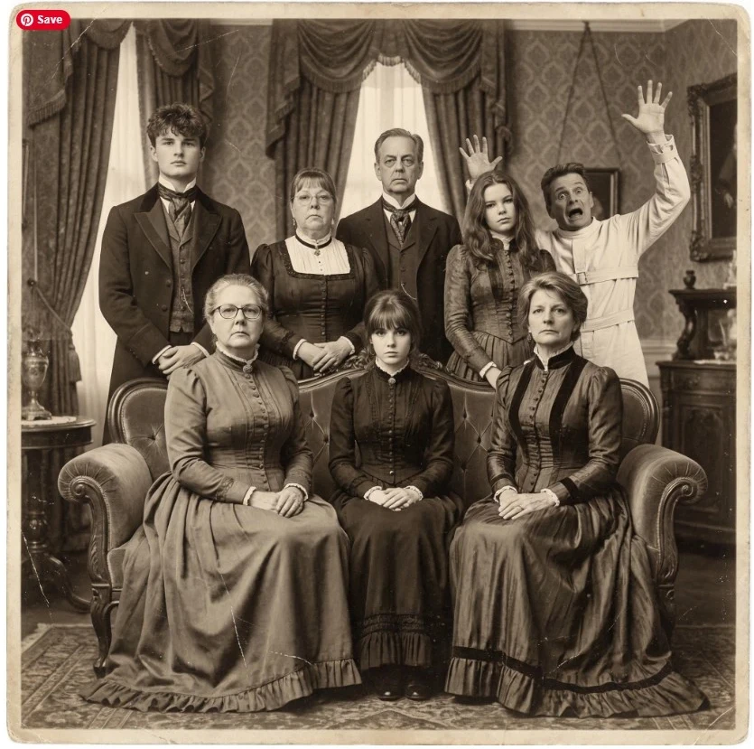 A Victorian family photo with a mad uncle in the background