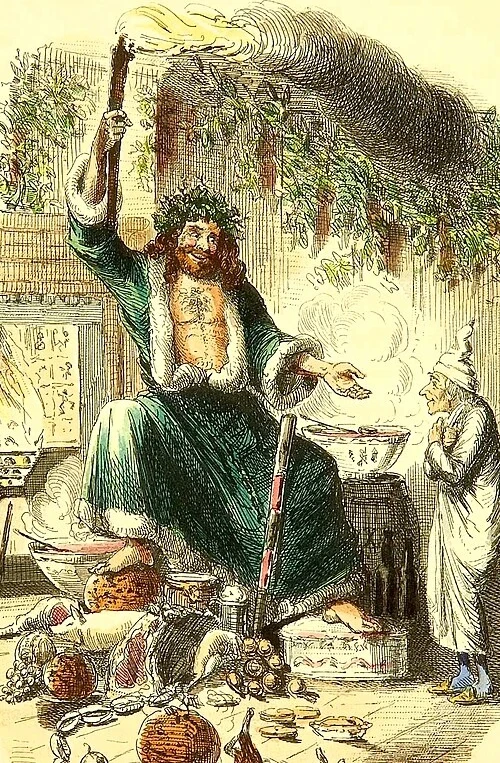 Engraving from "A Christmas Carol" of the Ghost of Christmas Present and Scrooge