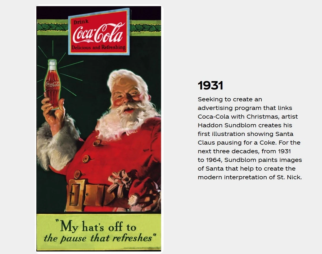 Screen shot of the Coca-cola history website showing an image of Santa holding a bottle of coca-cola