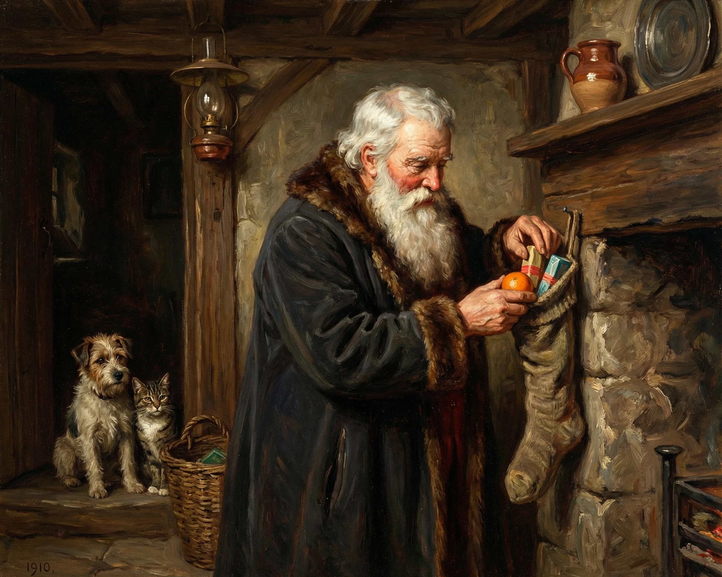 An old image of Father Christmas in a Green cloak leaving presents in a stocking by a fire in an old house, watched by a dog and cat