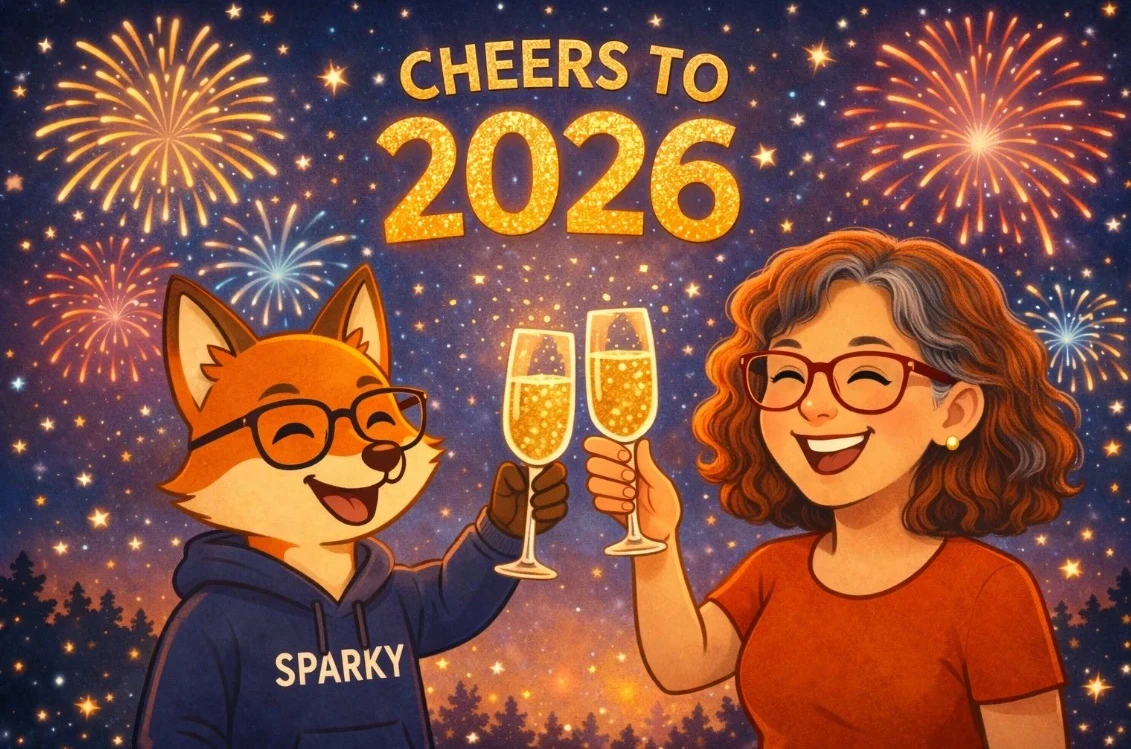 A cartoon fox and a woman toasting new year with champagne