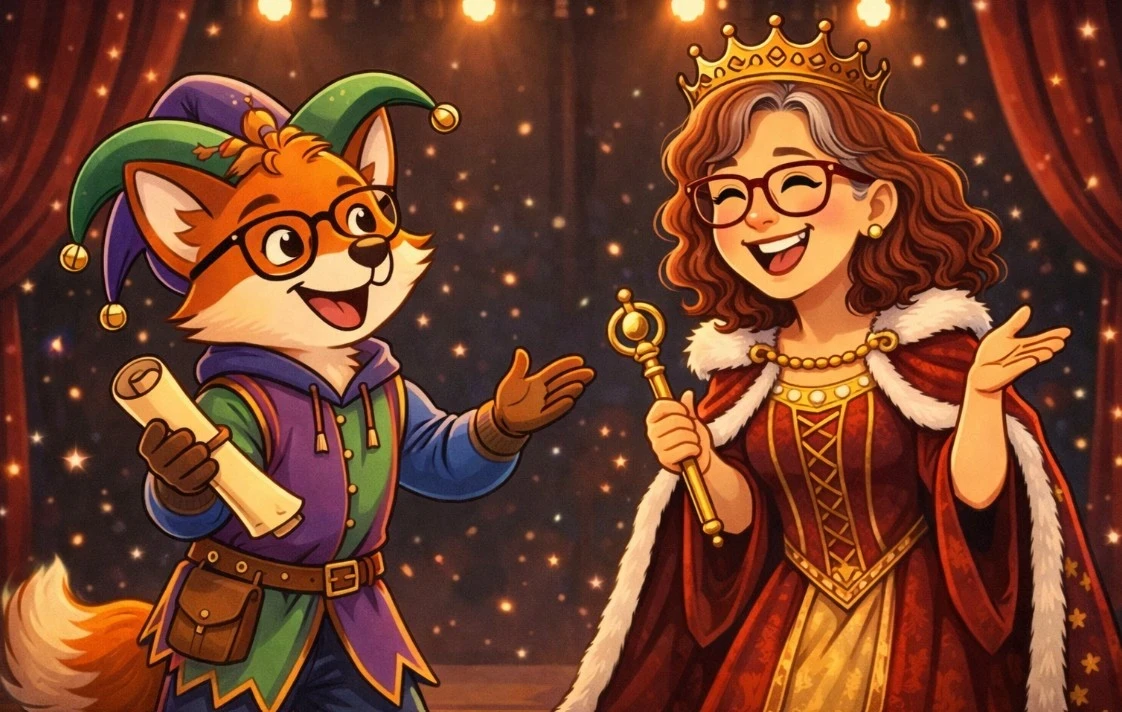 A cartoon of a fox and a woman in a play