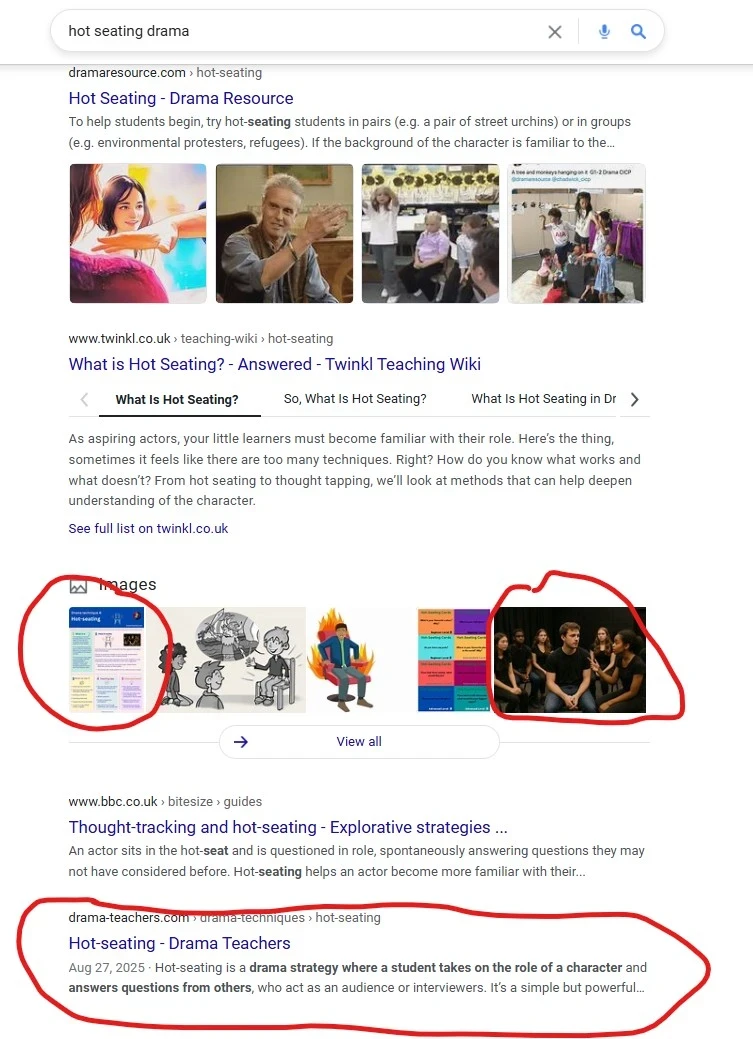 Screenshot of Google search results for keyword "Hot seating drama"