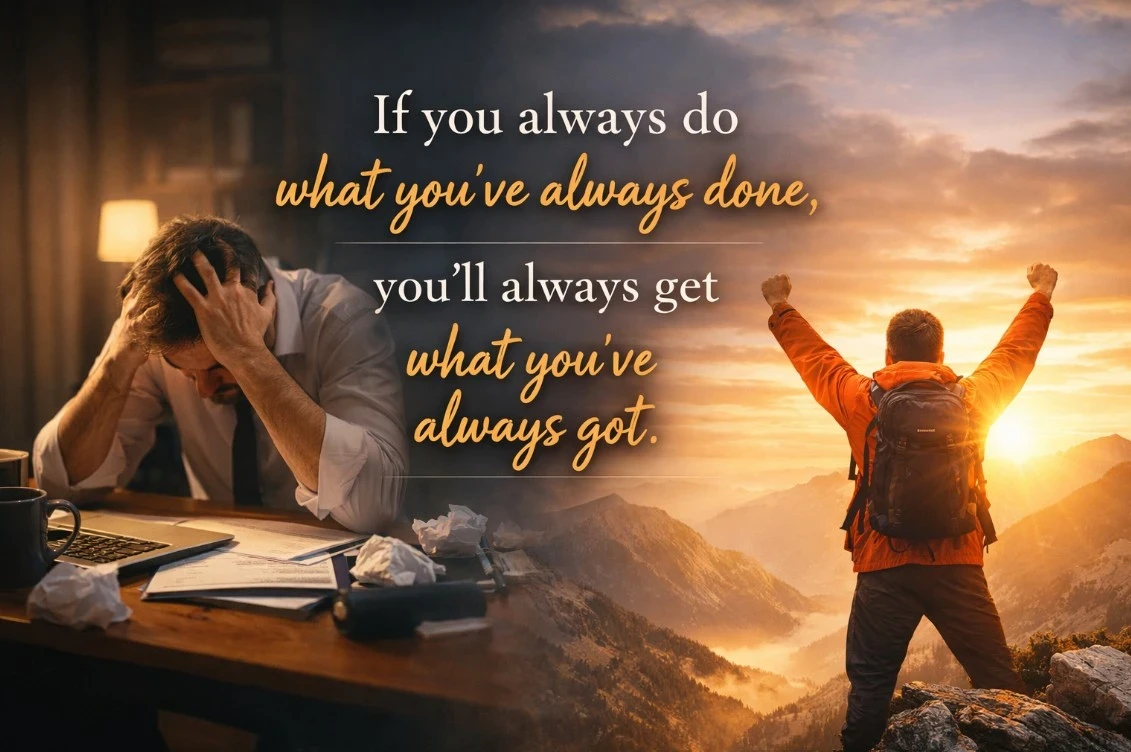 A split screen image of a man at a desk and a man successfully climbing to a mountain peak with a text overlay : If you always do what you've always done, you'll always get what you've always got. 