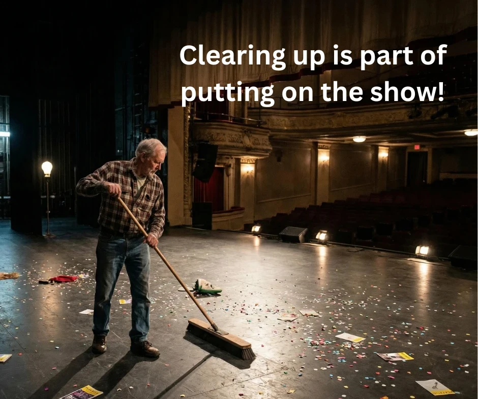 A man sweeping a stage after a performance with the quotes: Clearing up is part of putting on the show! as a text overlay
