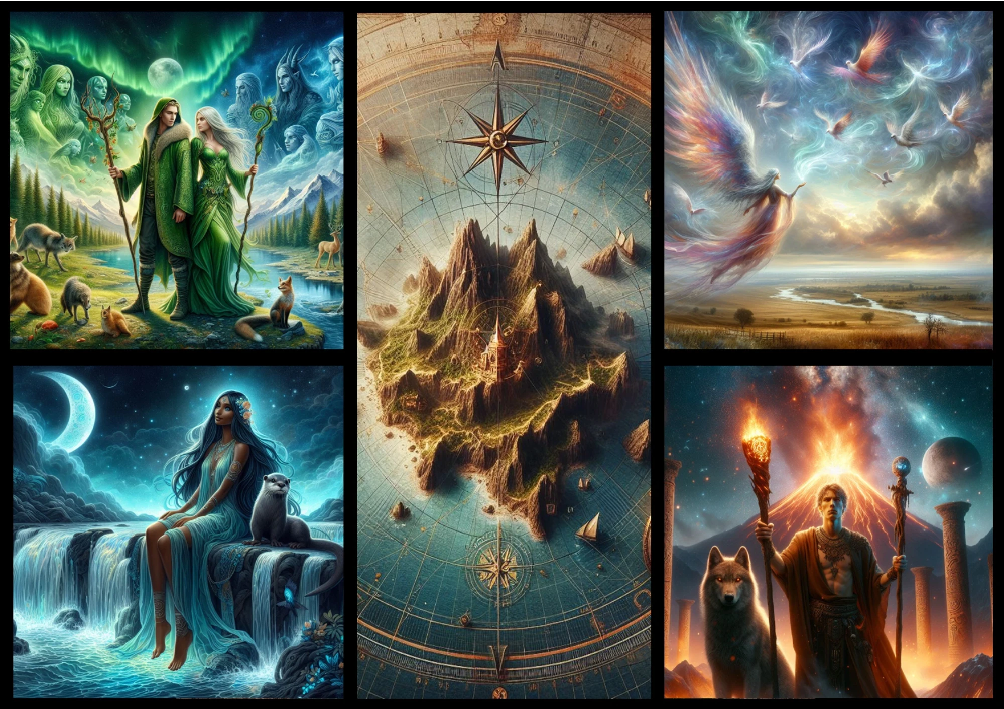 A montage of images showing spirits of earth, air, fire and water