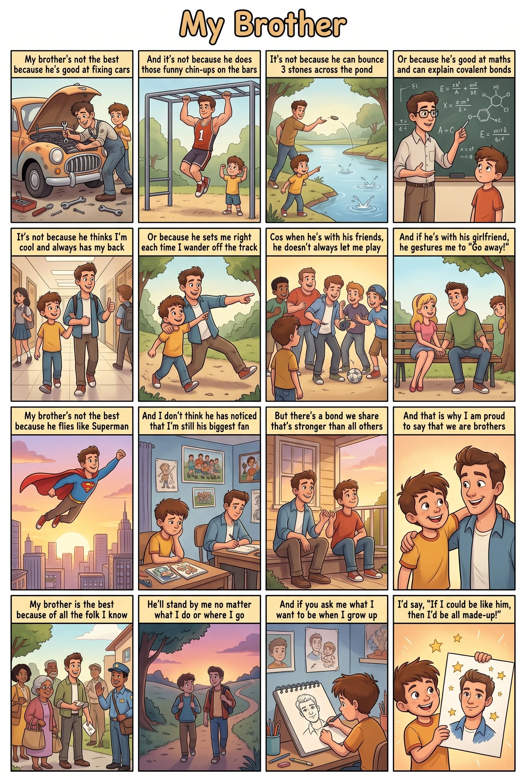 Comic strip poem called "My Brother" which illustations to match