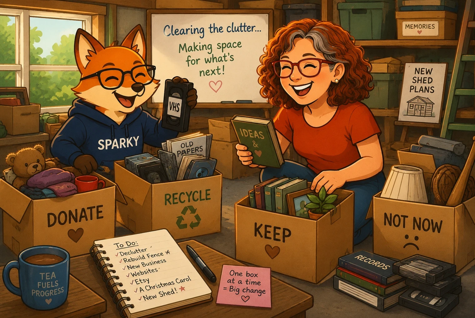 cartoon image of a woman and fox declutting