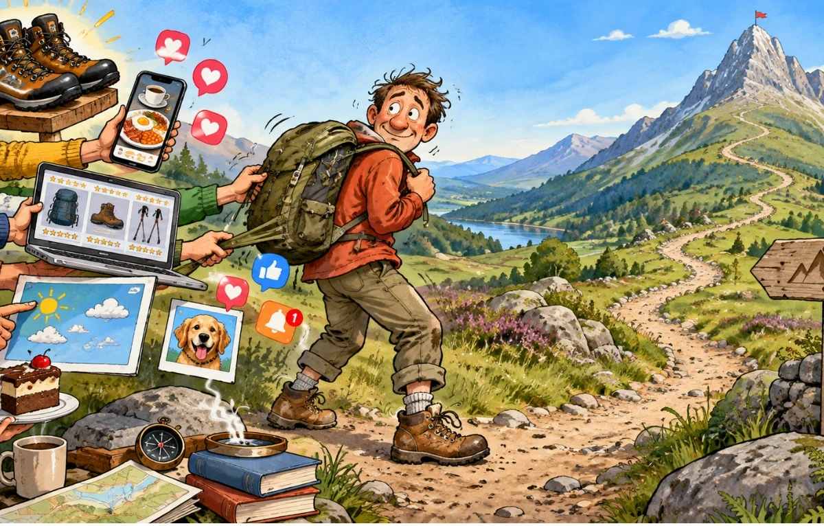 A cartoon man setting off up a mountain, surrounded by distractions from others
