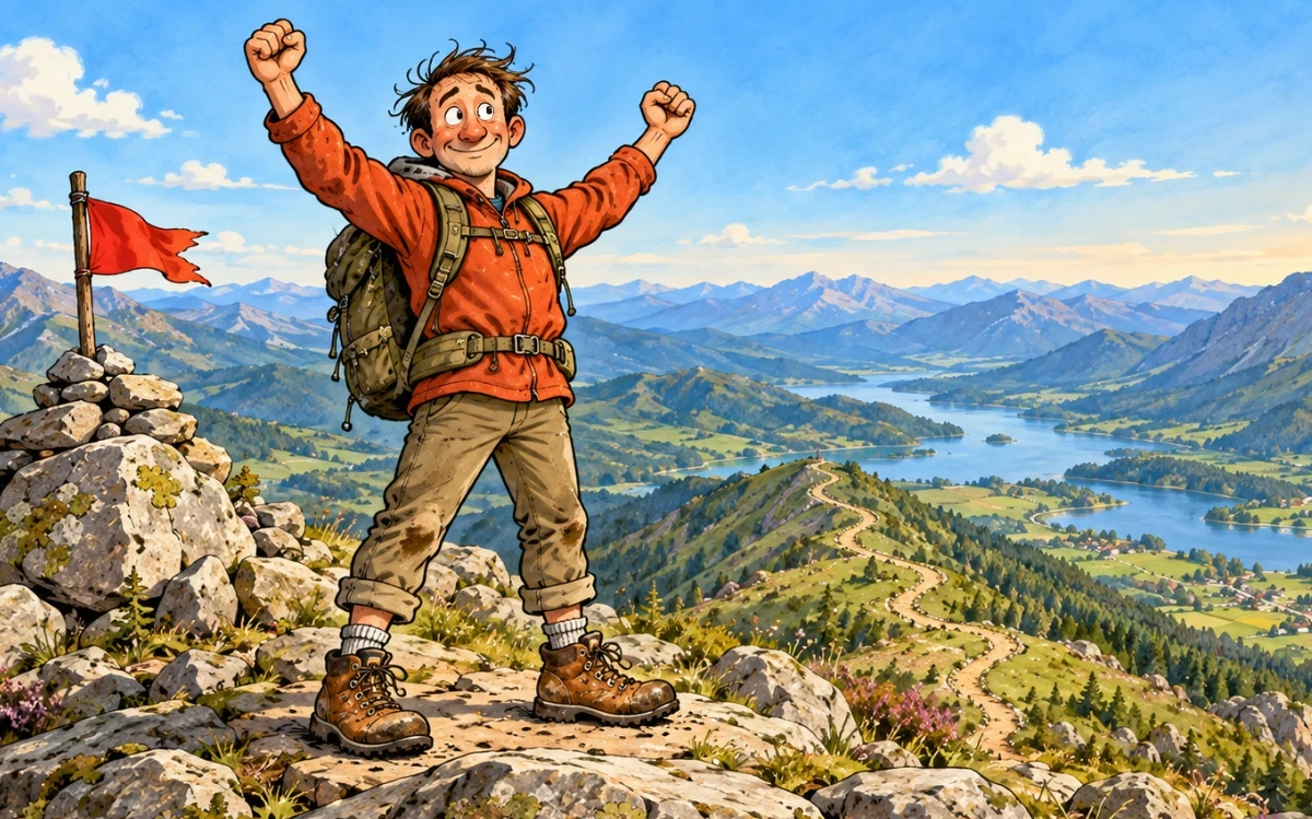 A cartoon man standing at the top of a mountain having reached his goal.