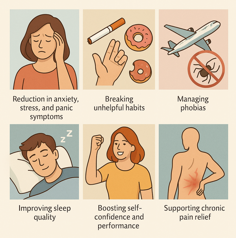 infographic showing different ways that hypnotherapy can help from chronic pain to sleep issues and confidence