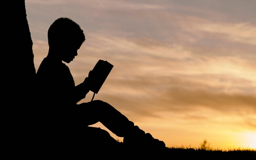 silhouette of boy reading a book