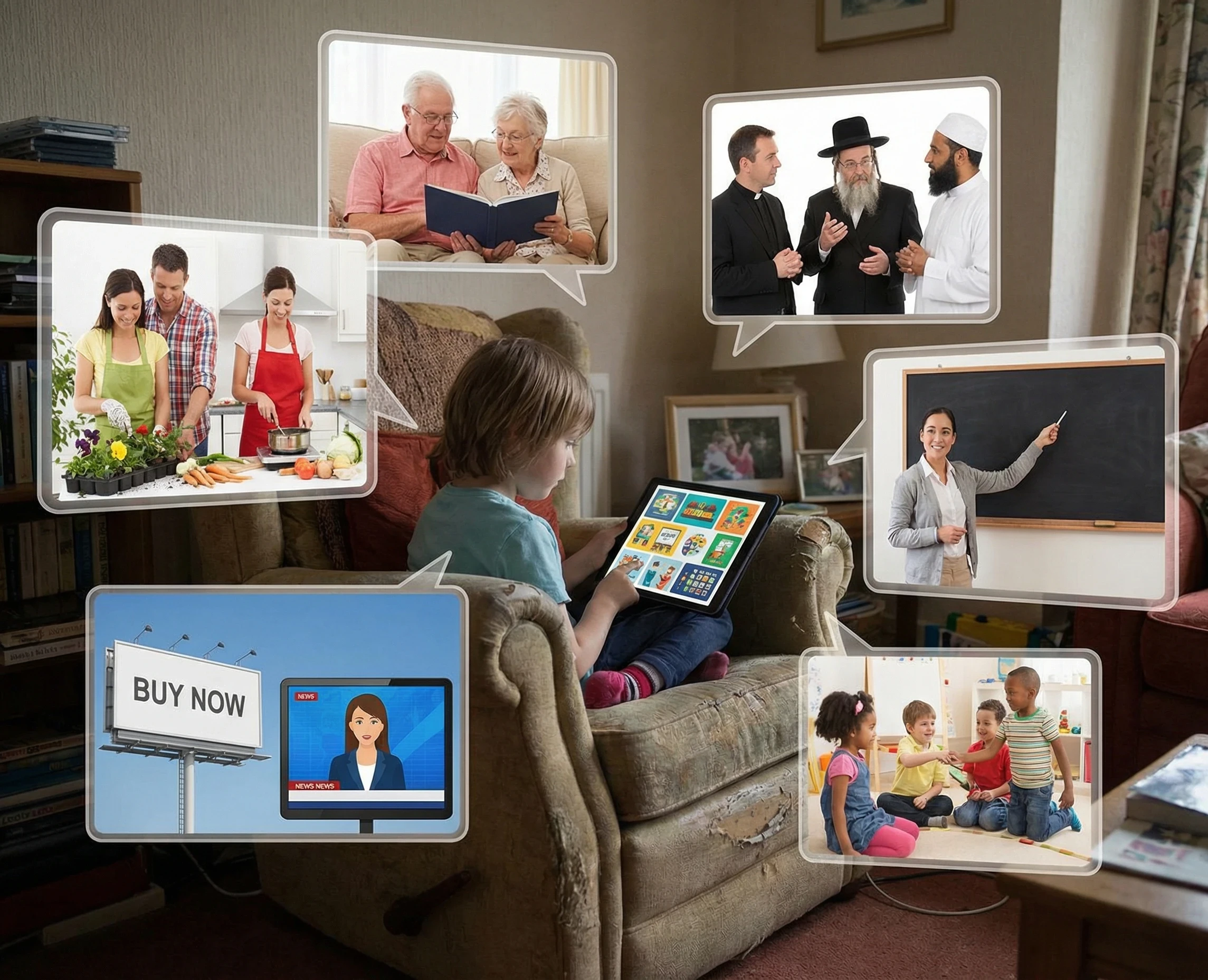 A child playing on a tablet with vignettes surrounding him showing different influences in his life such as school, parents, teachers, religion etc.