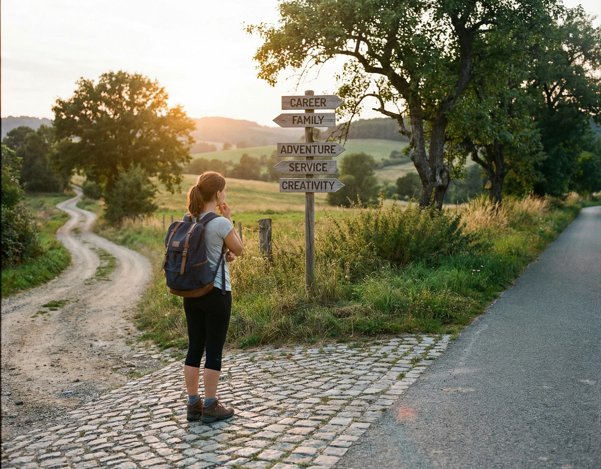 A woman standing at a crossroads with a signpost suggesting different ways to things like creativity, family, career and service, to represent the question - where do your beliefs come from?