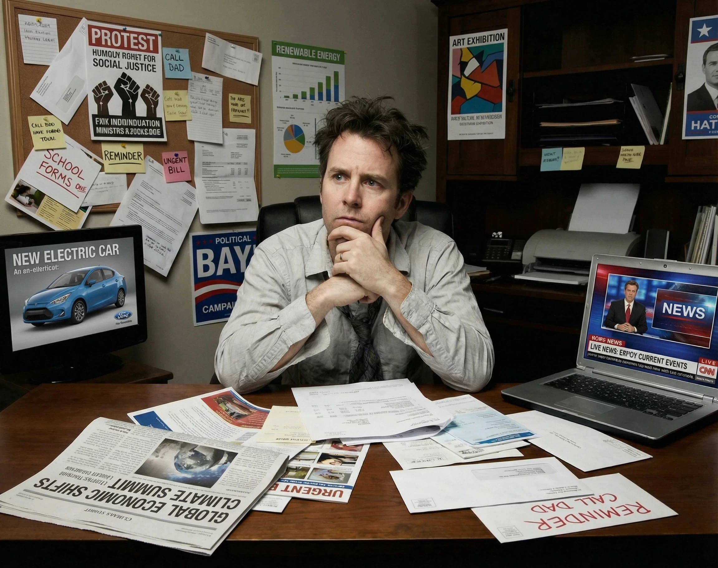 An image of a man sat at a desk looking overwhelmed and confused. He is surrounded by paperwork, bills, adverts and family notes of what he needs to do. This represents him feeling under too much pressure from outside influences, not his inner guidance.